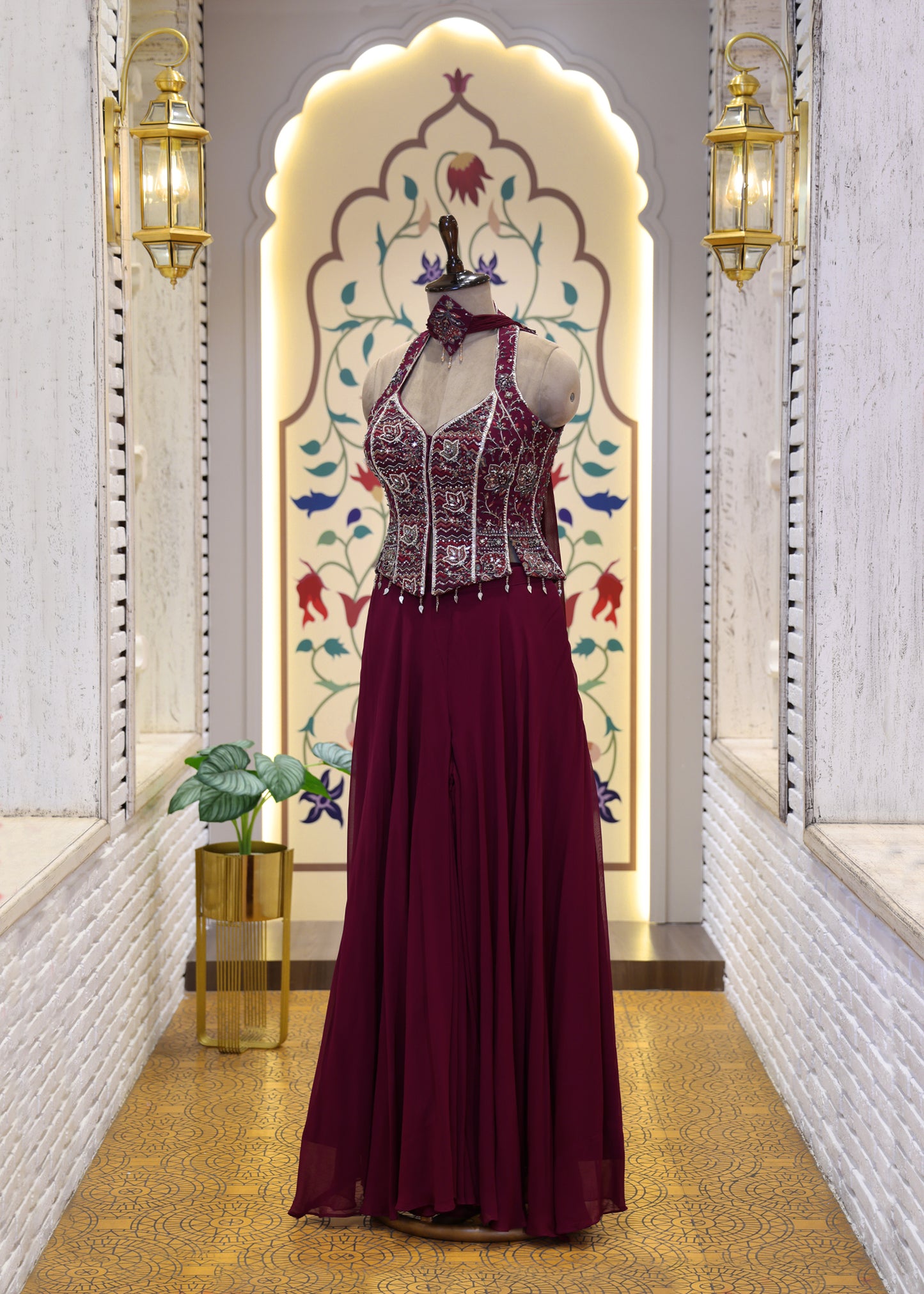 Vaani Maroon Sharara Corset Top Set