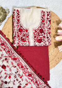 Ivory Chanderi with Mehroon Kantha Embroidery Unstitched Suit Set