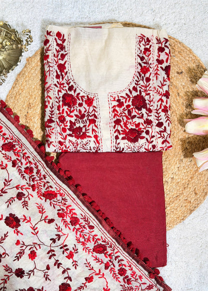 Ivory Chanderi with Mehroon Kantha Embroidery Unstitched Suit Set
