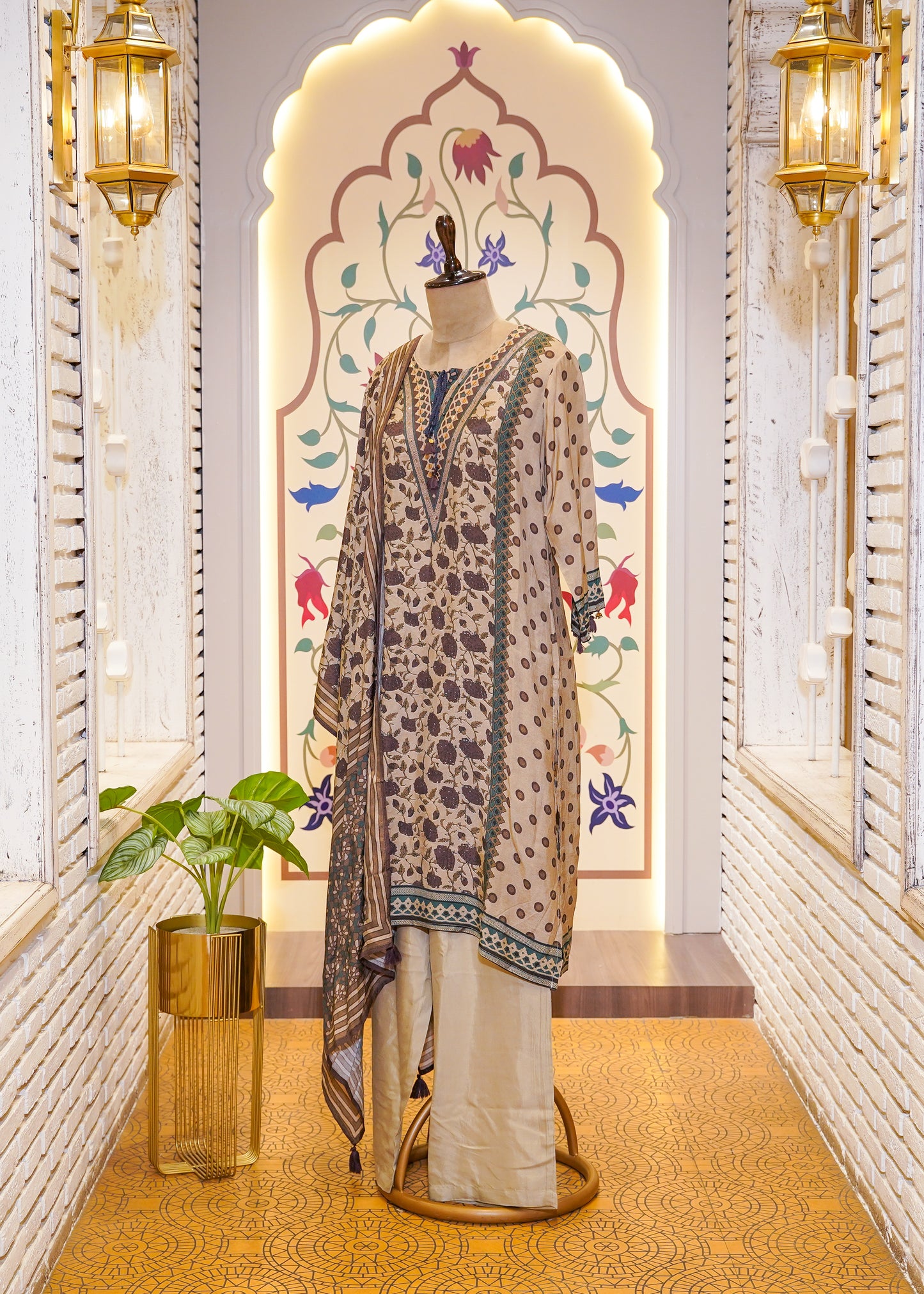 Beige Cotton Printed 3 pc Kurti Set