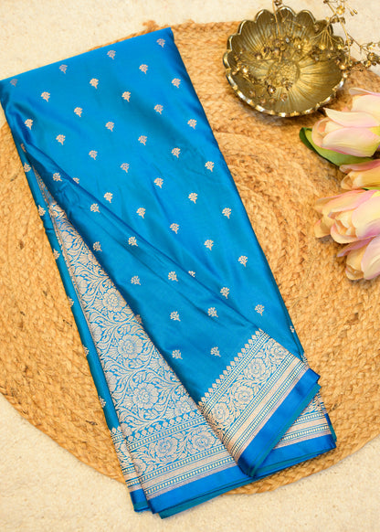 Blue Banarasi Kattan Silk Booti Zari Border with Unstitched Blouse