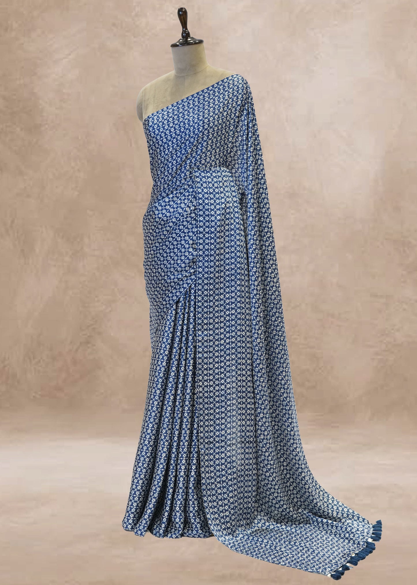 Blue Printed Modal Crepe Saree with Unstitched Blouse