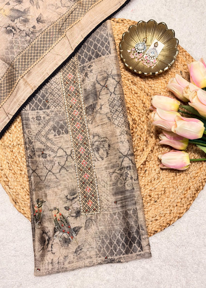 Mehraab Beige Printed Unstitched Suit Set