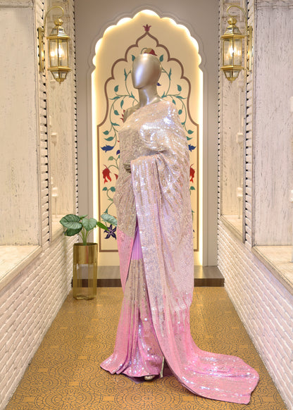 Zara Pink & Silver Ombree Sequin Saree