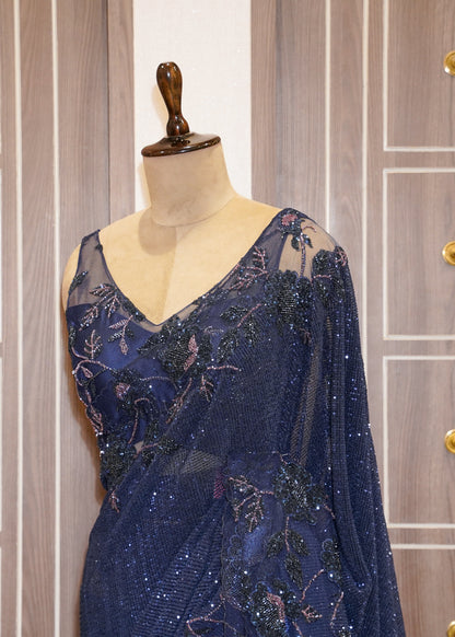 Midnight Blue Hand Embroidered Sequence Saree with Stitched Hand Embroidered Blouse