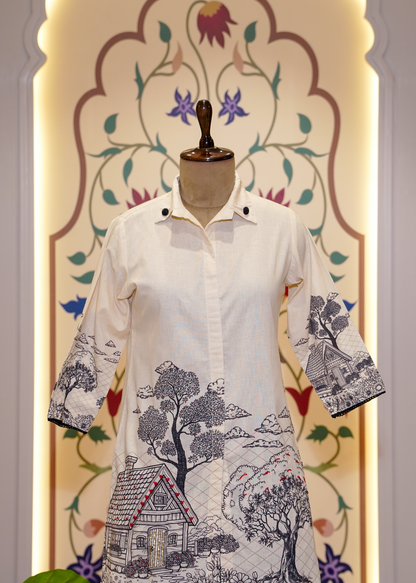 Cream Cotton Printed Co-ord Set with Collars and Black Bottom