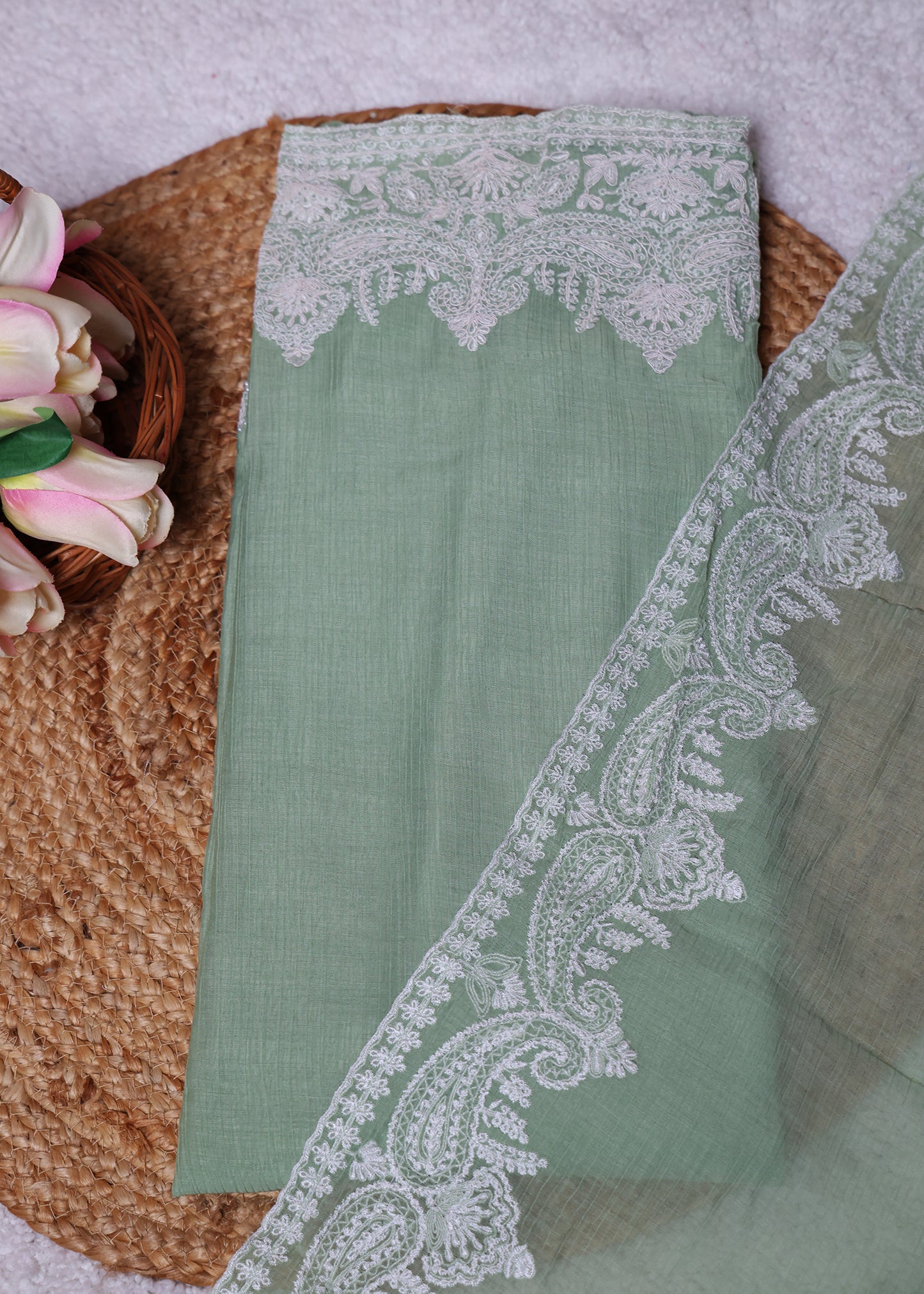 Pranika Green & White Unstitched Suit set