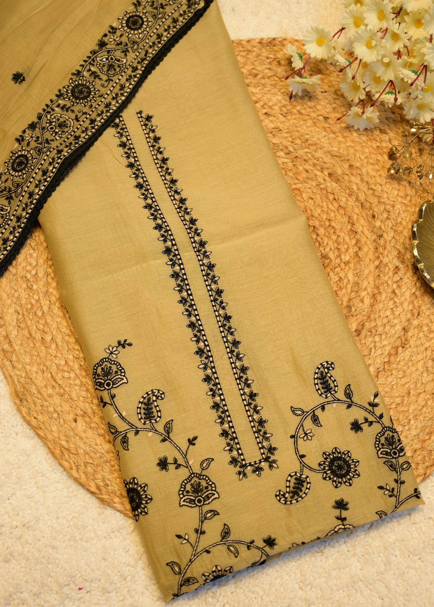 Tuba Beige & Black Aari Work Unstitched Suit Set