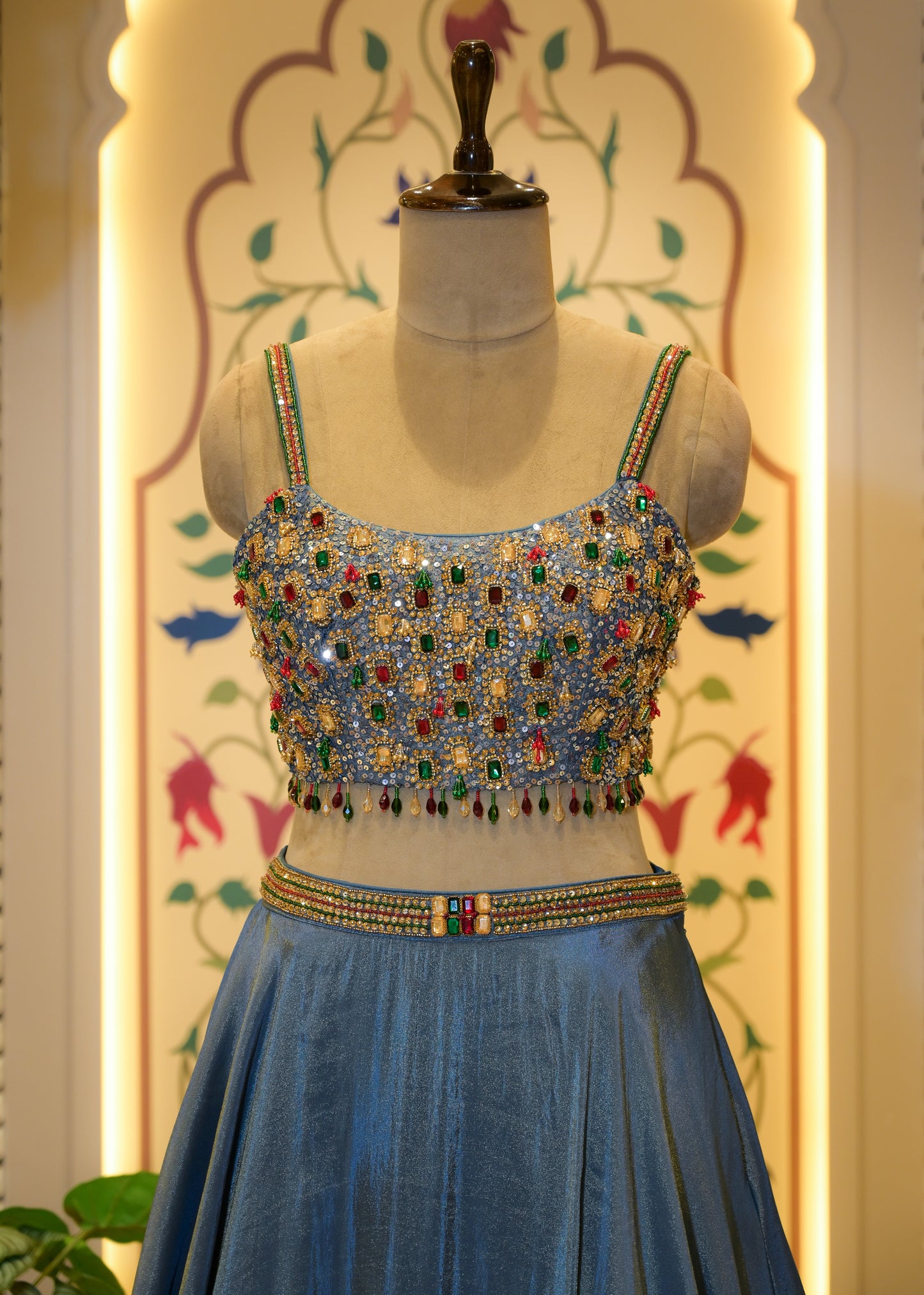 Tissue Blue Gemstone Crop Top Lehenga with Dupatta