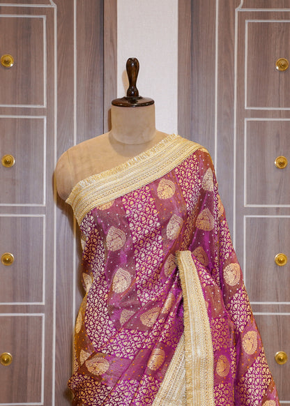 Wine Tissue Weaving Saree with Gota Lace and Unstitched Blouse