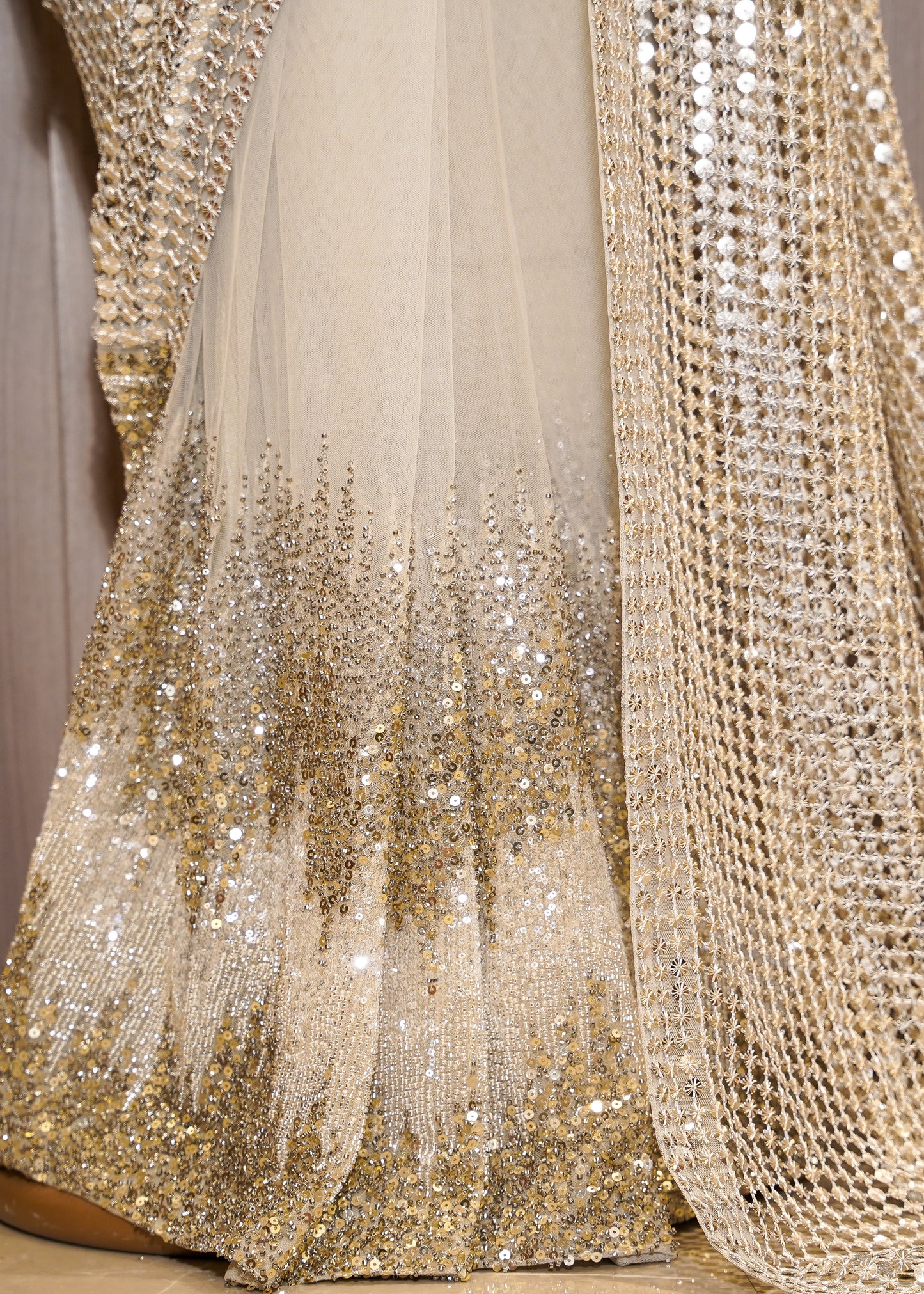 Silver Designer Pallu Saree with Hand Embroidered Pletes and Stitched Blouse