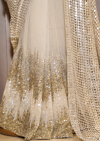 Silver Designer Pallu Saree with Hand Embroidered Pletes and Stitched Blouse