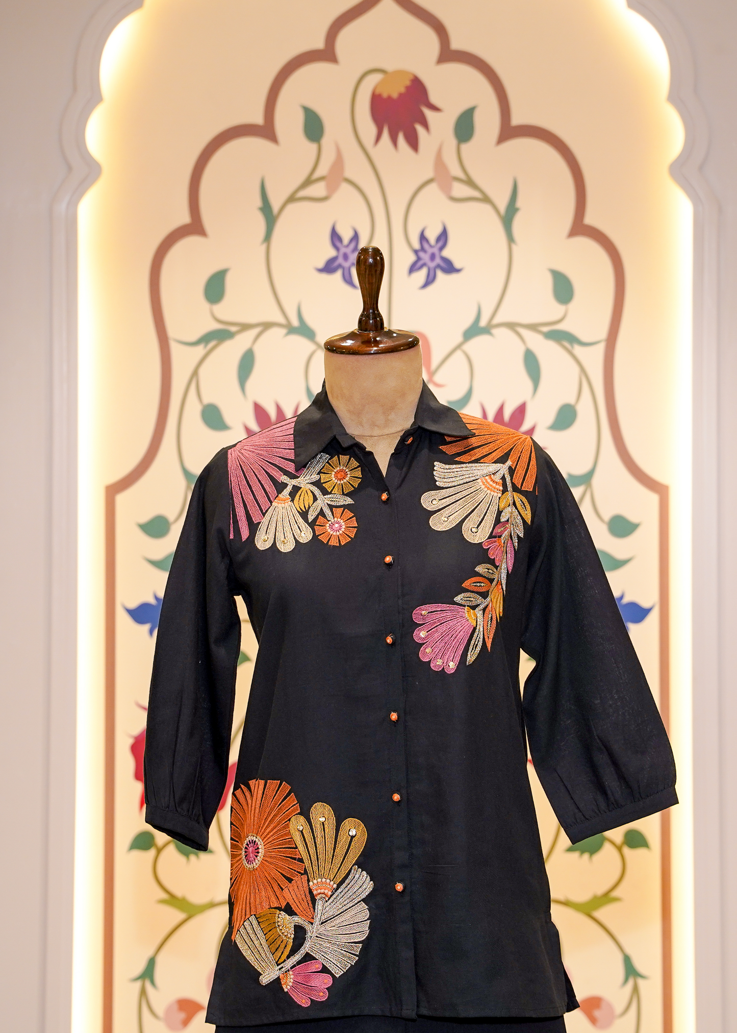Black Cotton Co-ord Set with Floral Thread Embroidery