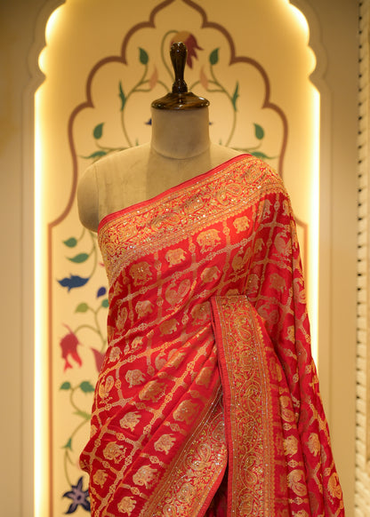 Kaveri Red Gharchola Saree with Unstitched Blouse