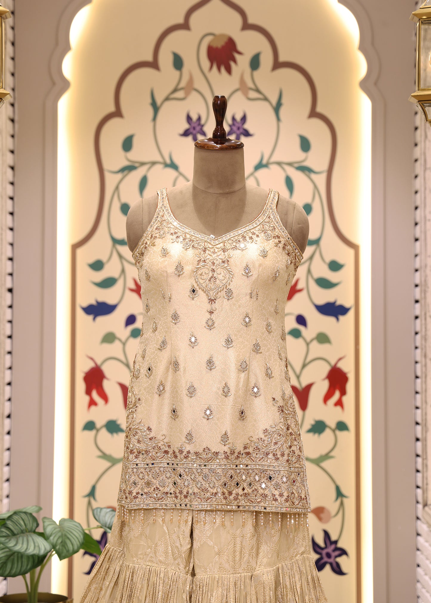 Moti Pearl Cream Short Kurti Sharara Set