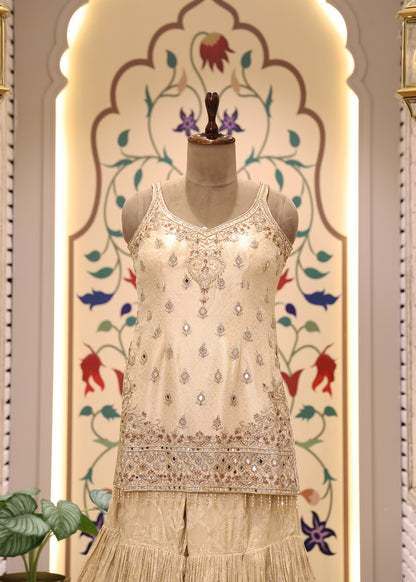 Moti Pearl Cream Short Kurti Sharara Set