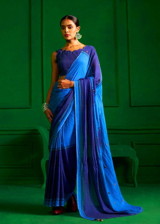 Zeeya Navy Blue Cotton Saree with Unstitched Blouse