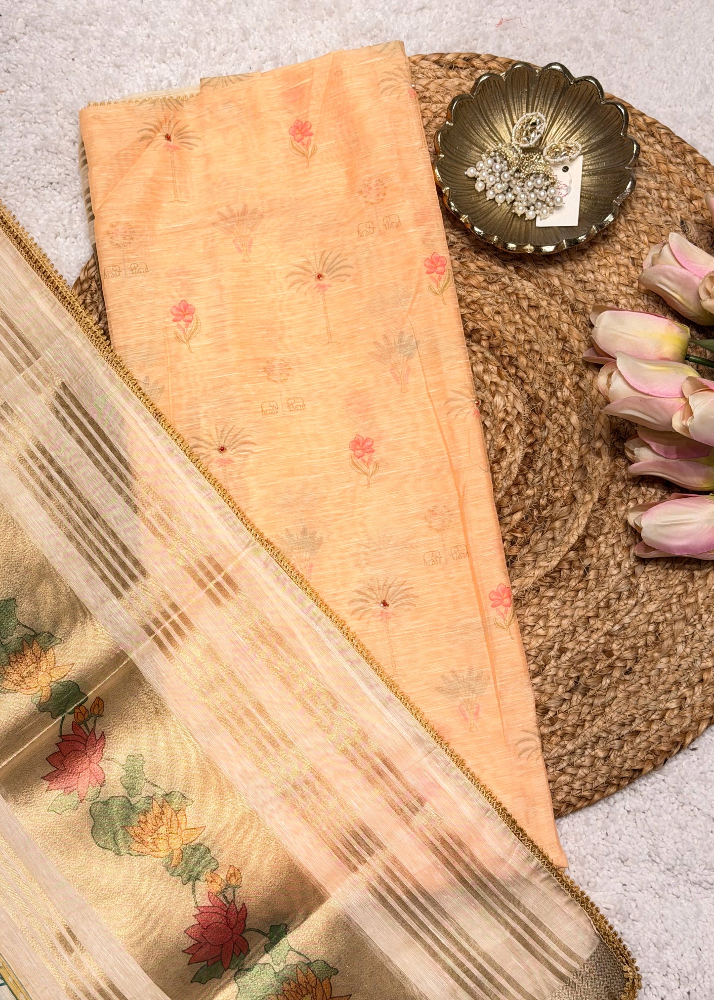 Peach Chanderi Floral Printed Unstitched Suit Set