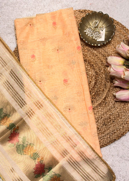 Peach Chanderi Floral Printed Unstitched Suit Set