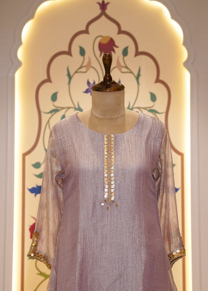 Lavender Tissue Hand Embellished Short Shirt & Sharara Co-ord Set