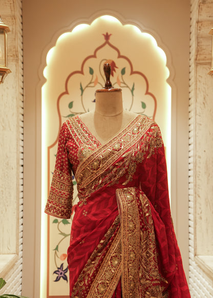 Aanya Crimson Red Silk Embroidered Saree with Stitched Blouse