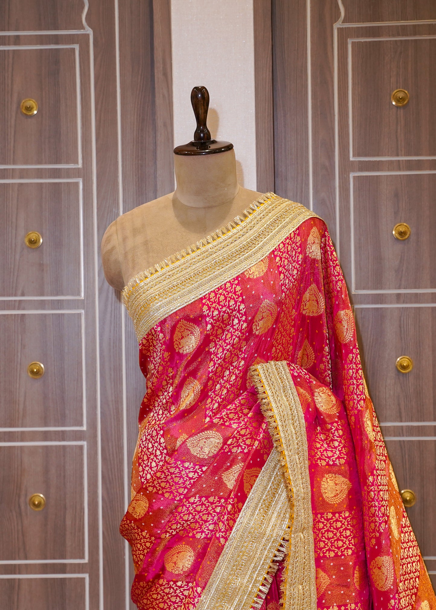 Rani Tissue Weaving Saree with Gota Lace and Unstitched Blouse
