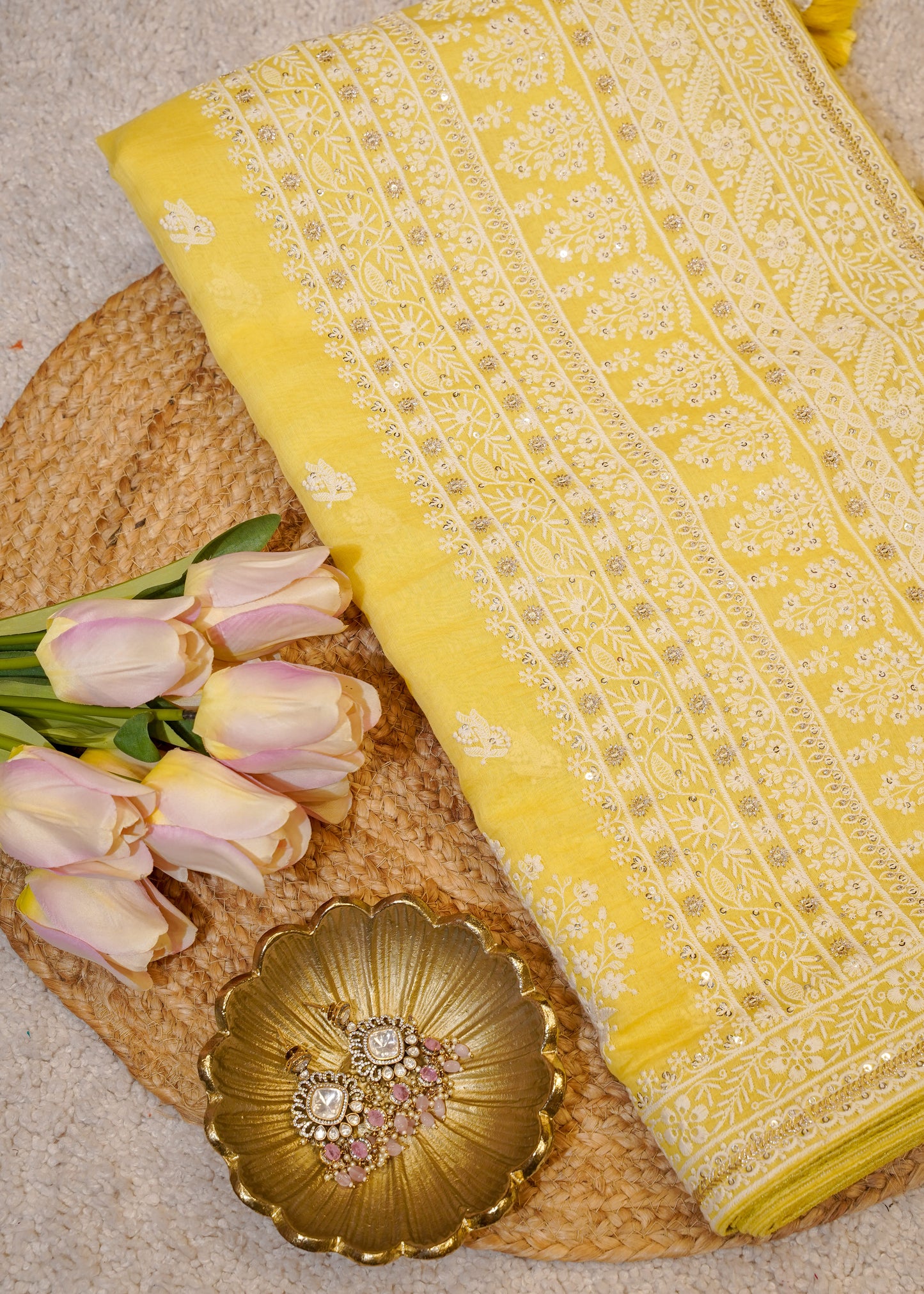 Yellow Mul Cotton Thread Embroidered Saree with Unstitched Blouse