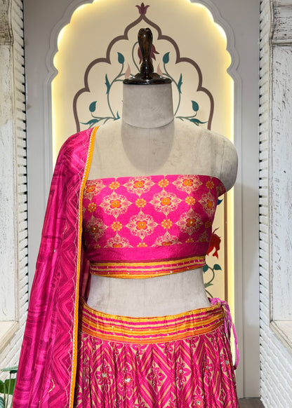 Rani Hand Embellished Printed Silk Lehenga with Unstitched Blouse
