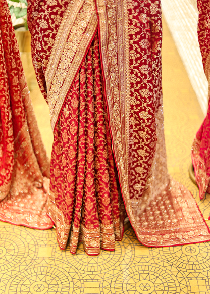 Nazini Mehroon Satin Silk Jaal Saree with Unstitched Blouse