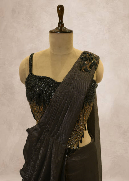 Charcoal Grey Crush Tissue Drape Saree With Hand Embroidered Black Crop Top