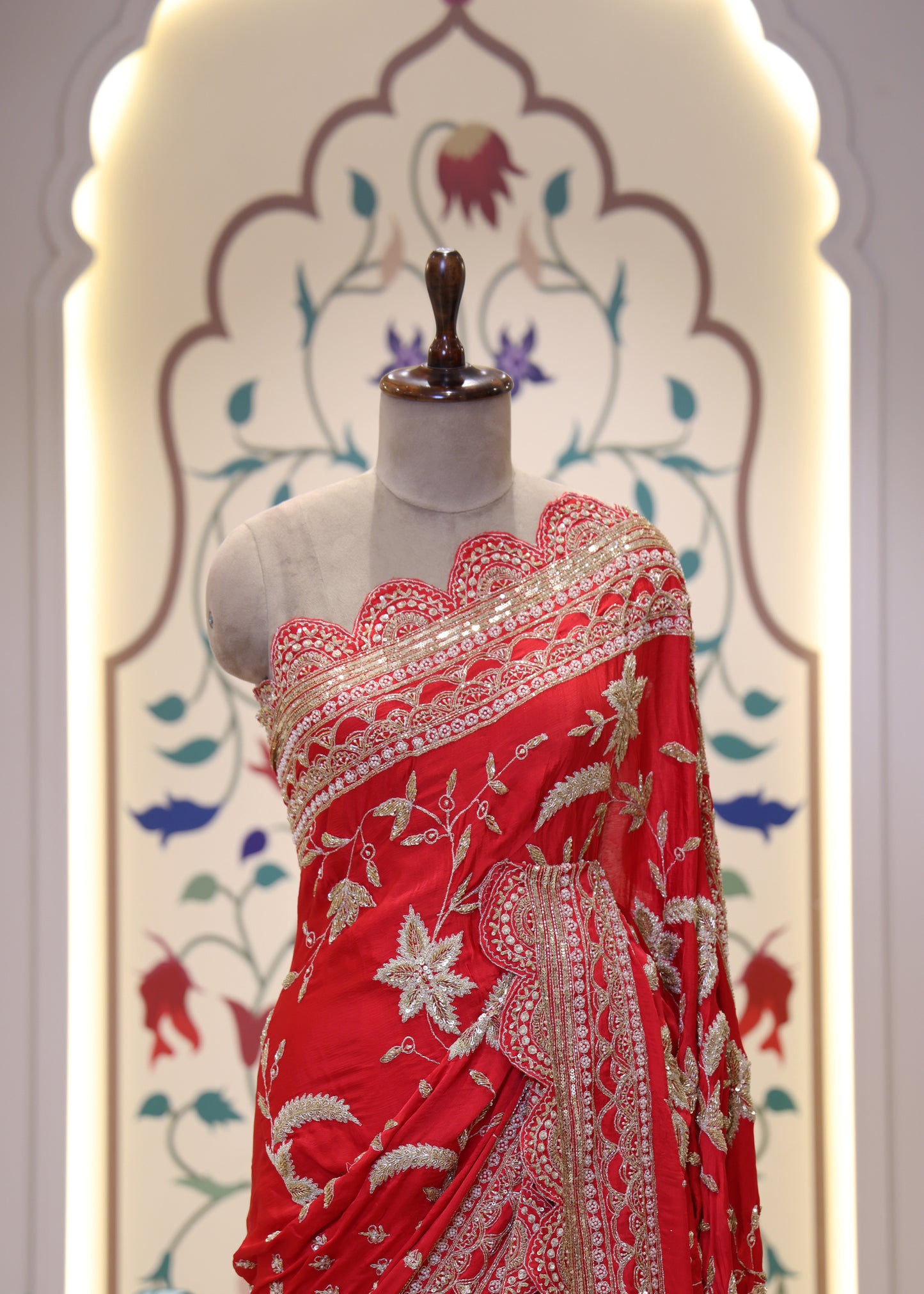 Gulzaar Red Zari & Mooti Heavy Scallop Border Saree with Unstitched Blouse