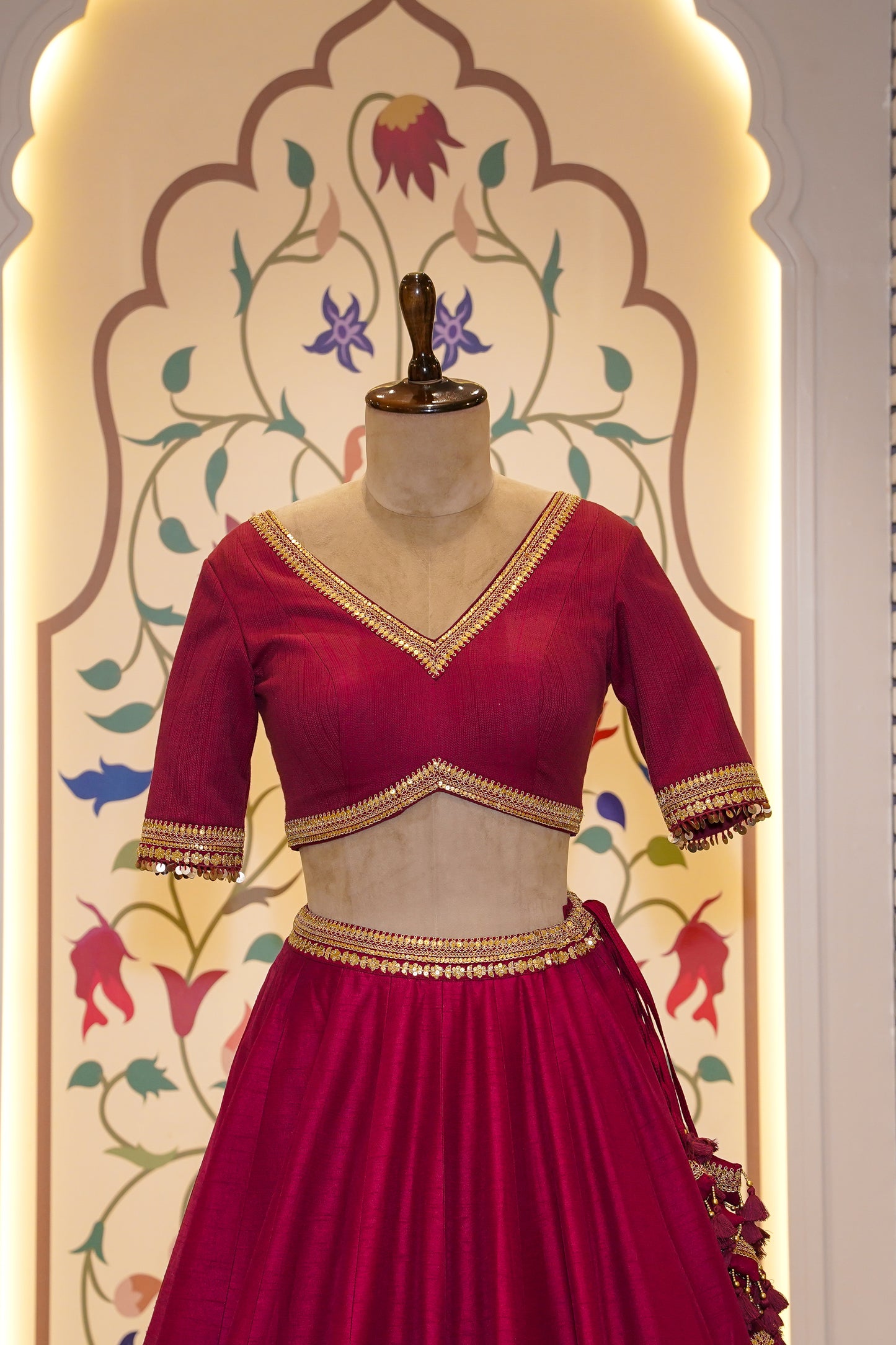 Mehroon Handcrafted Bridal Lehenga with Palm Tree Motifs & Single Dupatta