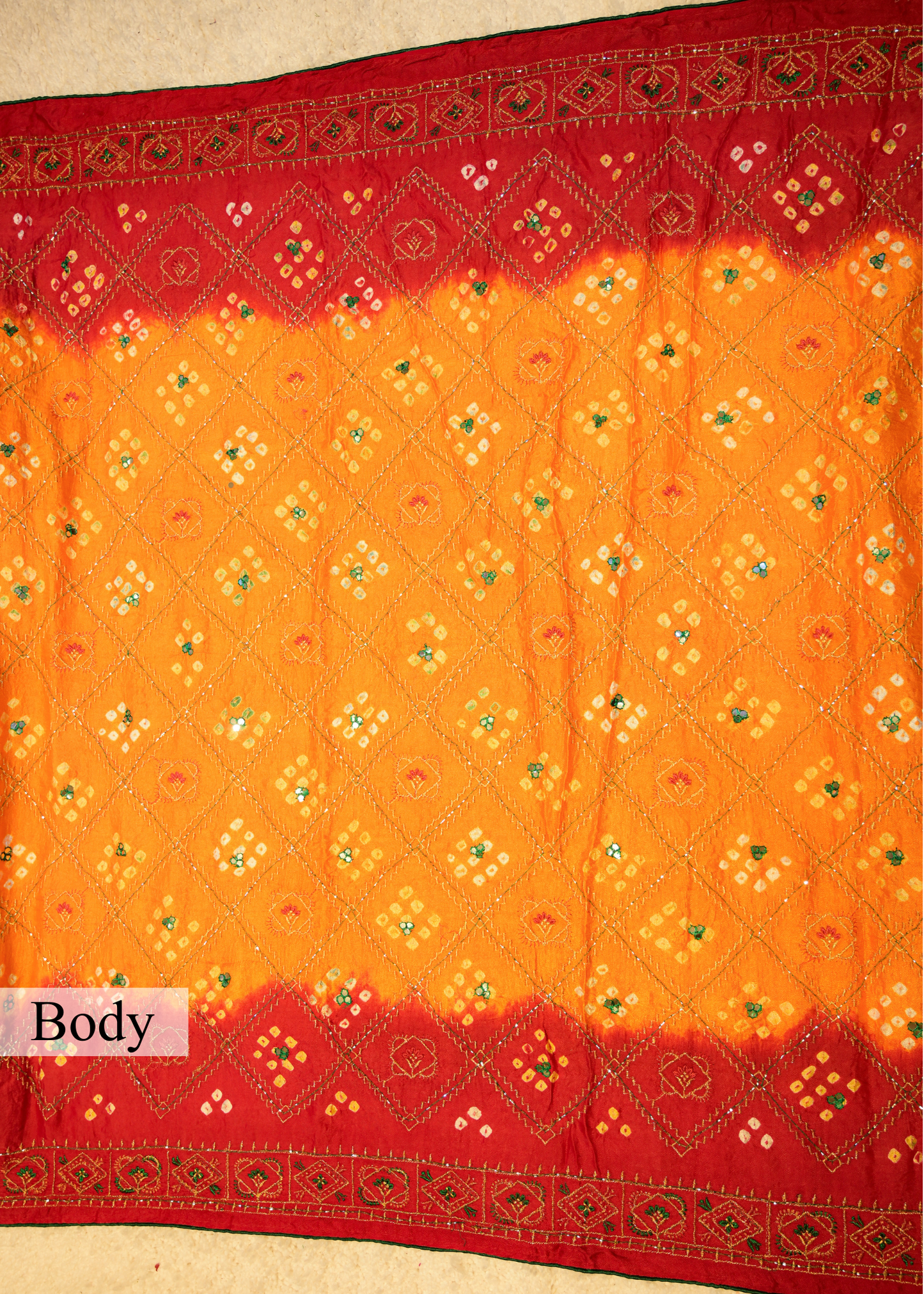 Red & Yellow Bhandhani Gajji Contrasting Saree with Unstitched Blouse