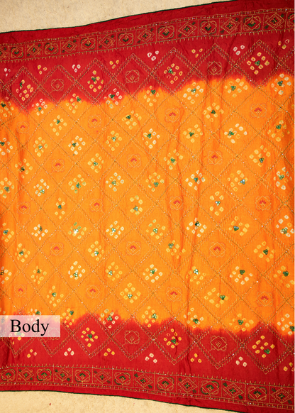 Red & Yellow Bhandhani Gajji Contrasting Saree with Unstitched Blouse