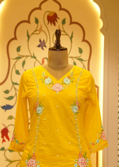 Kudi Yellow Short Kurta Stitched Suit Set