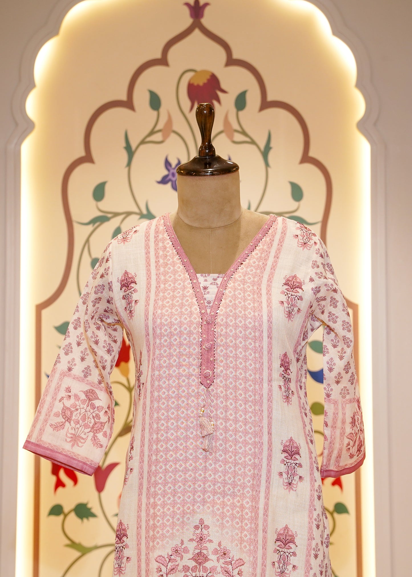 Ivory & Pink Cotton Printed 3 pc Kurti Set