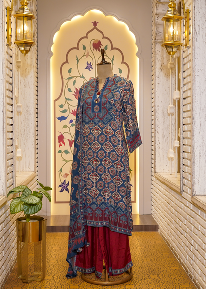 Blue & Red Ajrak Printed Muslin 3-Piece Kurti Set