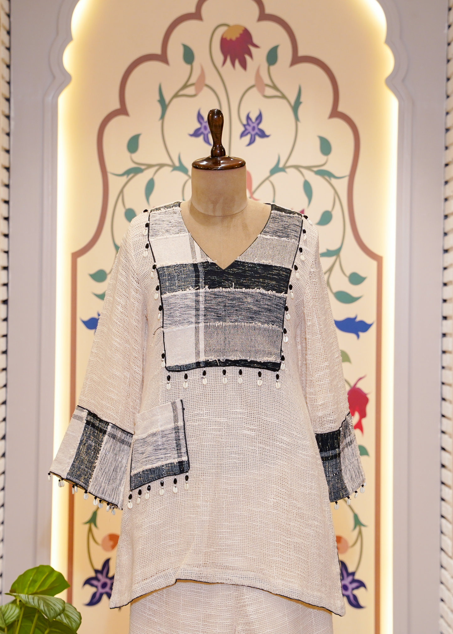 Black & Ivory Cotton Jute Co-ord Set with Shells