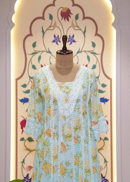 Sea Green Cotton Printed A Line 3 pc Kurti Set with Thread Embroidery