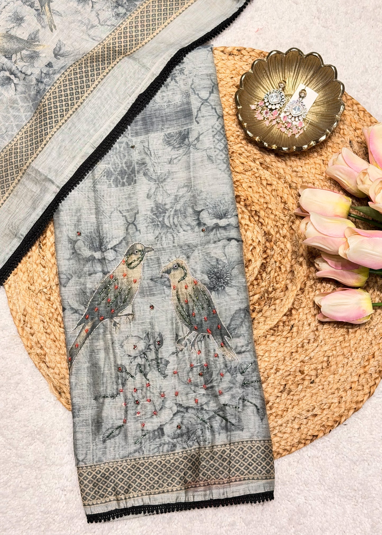 Mehraab Grey Printed Unstitched Suit Set