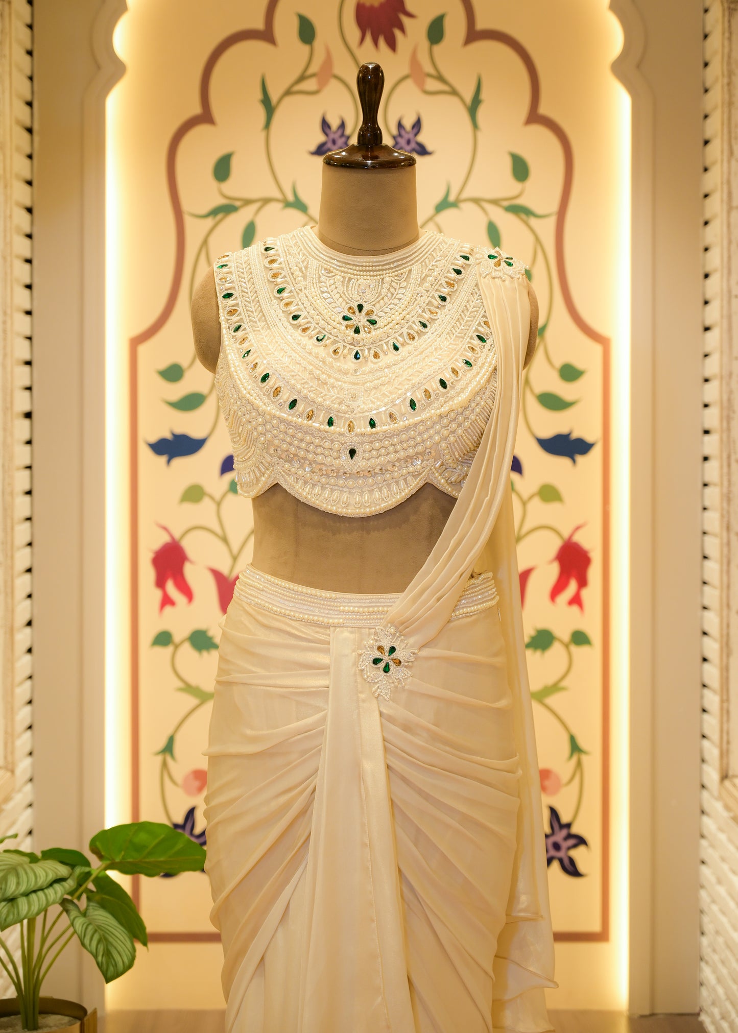 Paari White Pearl Embroidered Pre Draped Saree