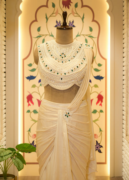 Paari White Pearl Embroidered Pre Draped Saree