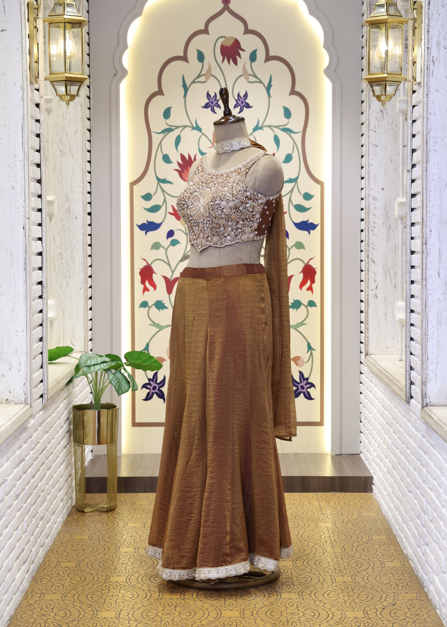 Gehna Crop Top with Palazzo Pants & Choker Dupatta Set
