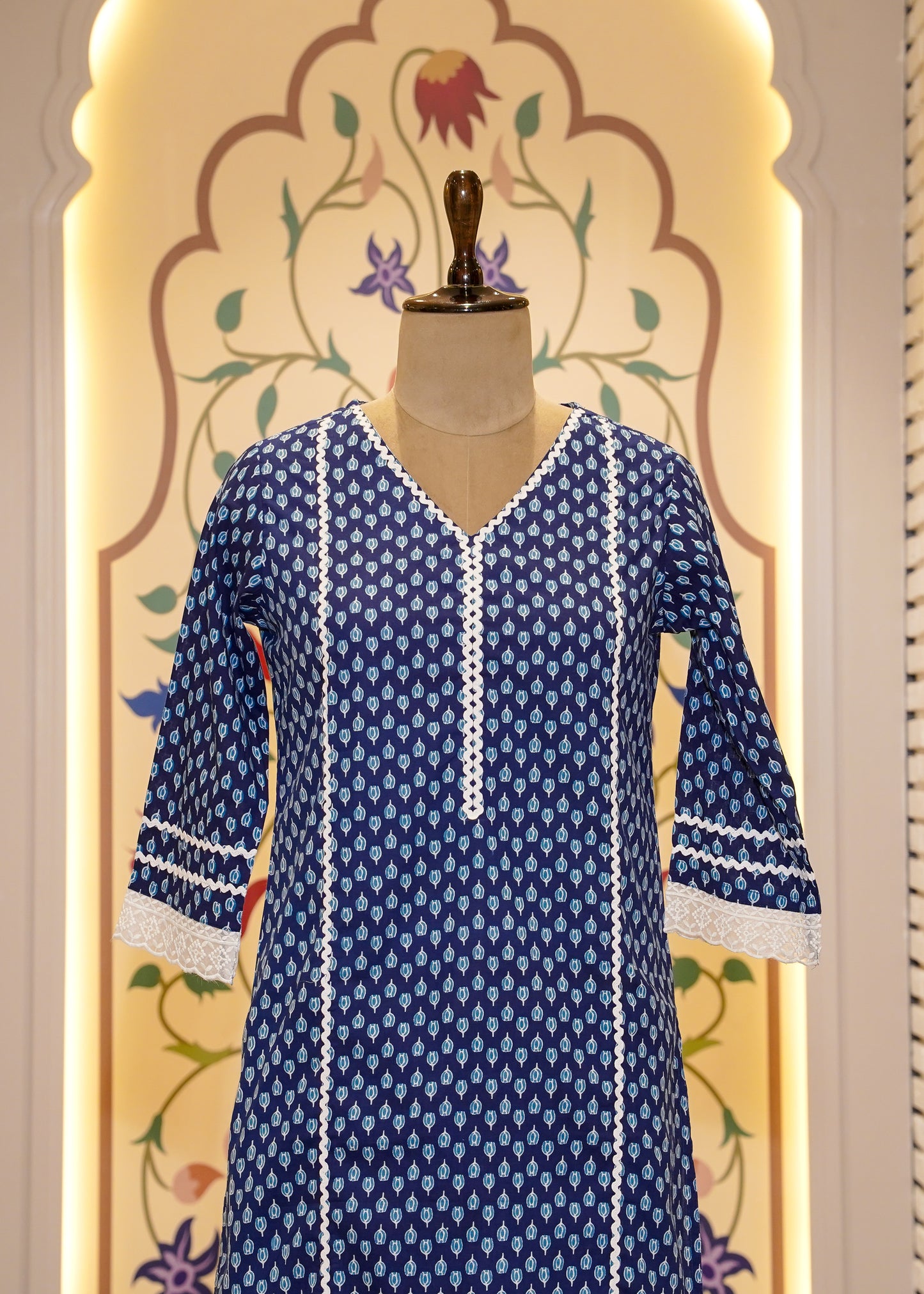 Blue Cotton Printed 3 pc Kurti Set with Lace Work
