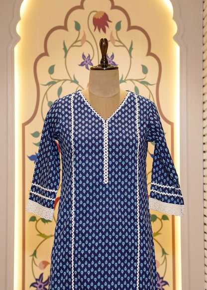 Blue Cotton Printed 3 pc Kurti Set with Lace Work
