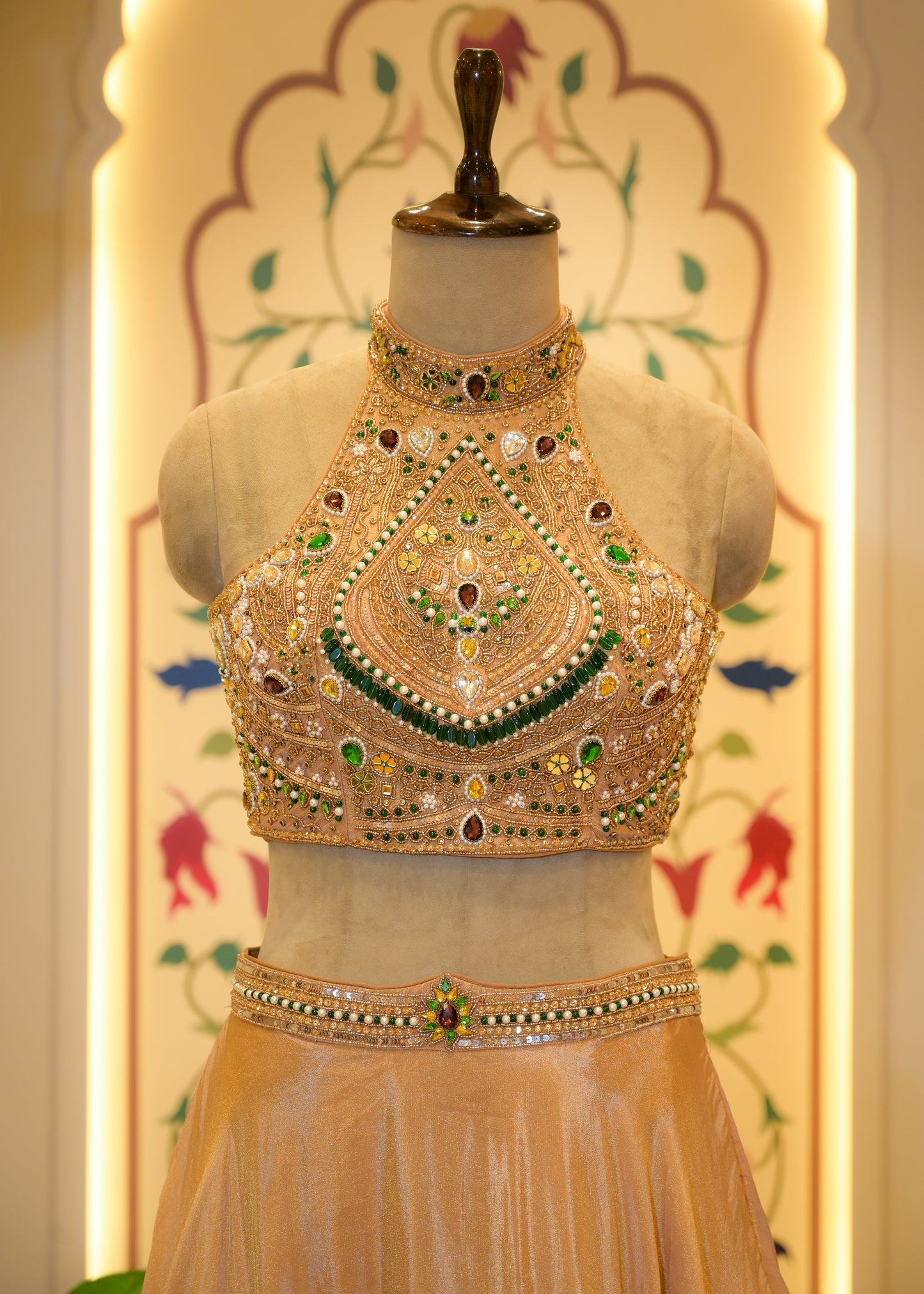 Tissue Golden Gemstone Halter Neck Top Lehenga with Dupatta