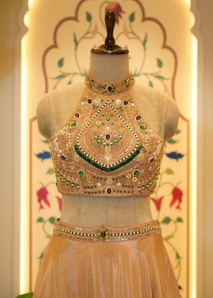 Tissue Golden Gemstone Halter Neck Top Lehenga with Dupatta