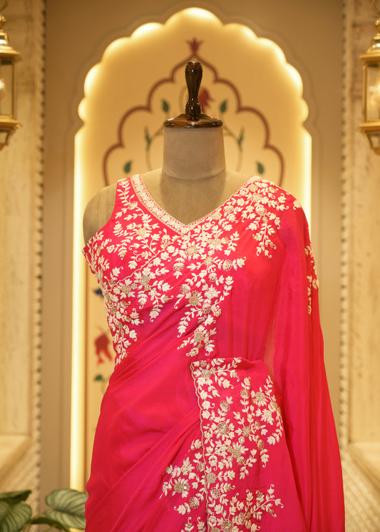 Pink Chinon Thread Embroidered Saree with Stitched Blouse