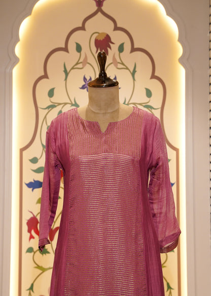 Dusty Pink Mul Cotton Weaved 3 pc Kurti Set