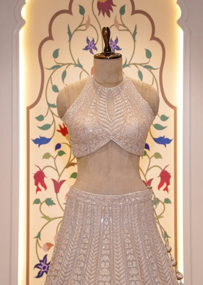 Beige Bead Embroidered Crop Top Skirt Set